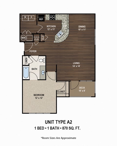 Floor plan for 1 bed, 1 bath, 870 sqft